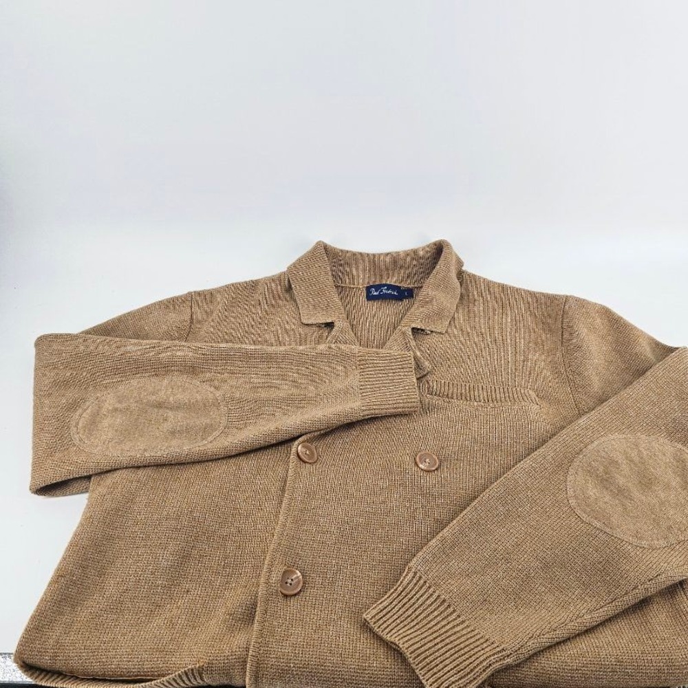 Paul Fredrick Cardigan Men's L Tan Merino Wool Double Breasted Elbow Pat